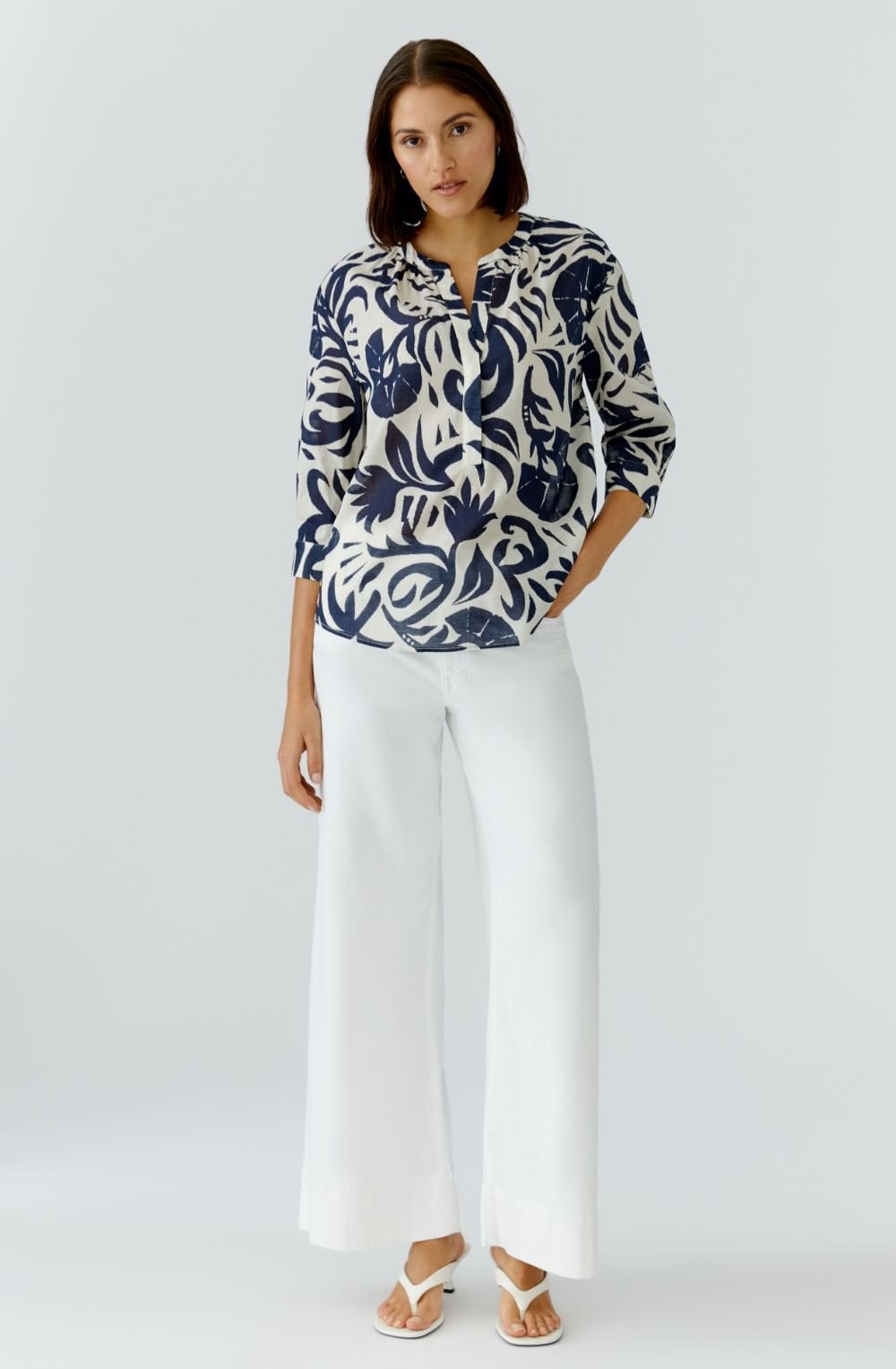 Off White and Blue Floral Cotton Tunic Blouse