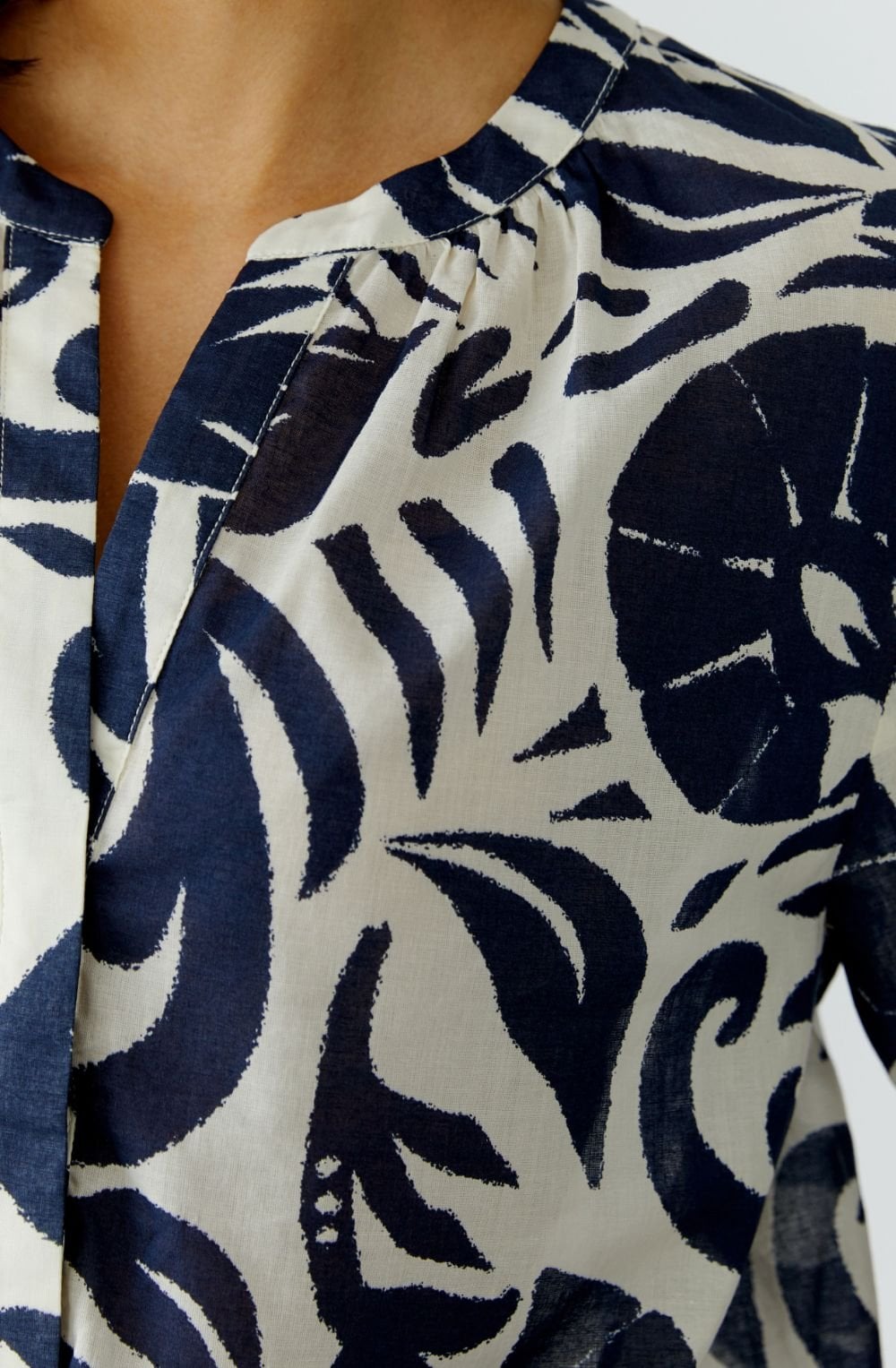 Off White and Blue Floral Cotton Tunic Blouse