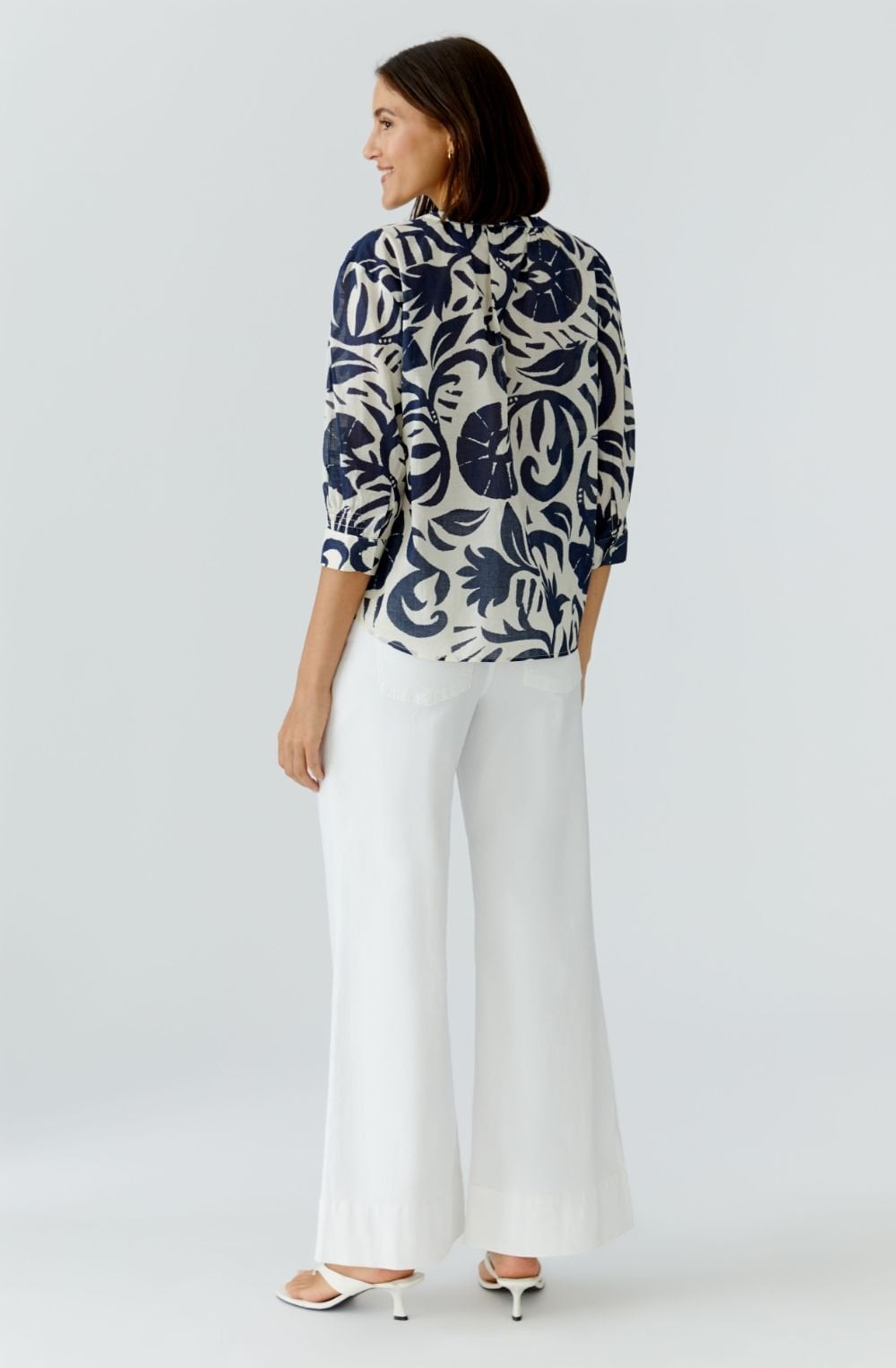 Off White and Blue Floral Cotton Tunic Blouse
