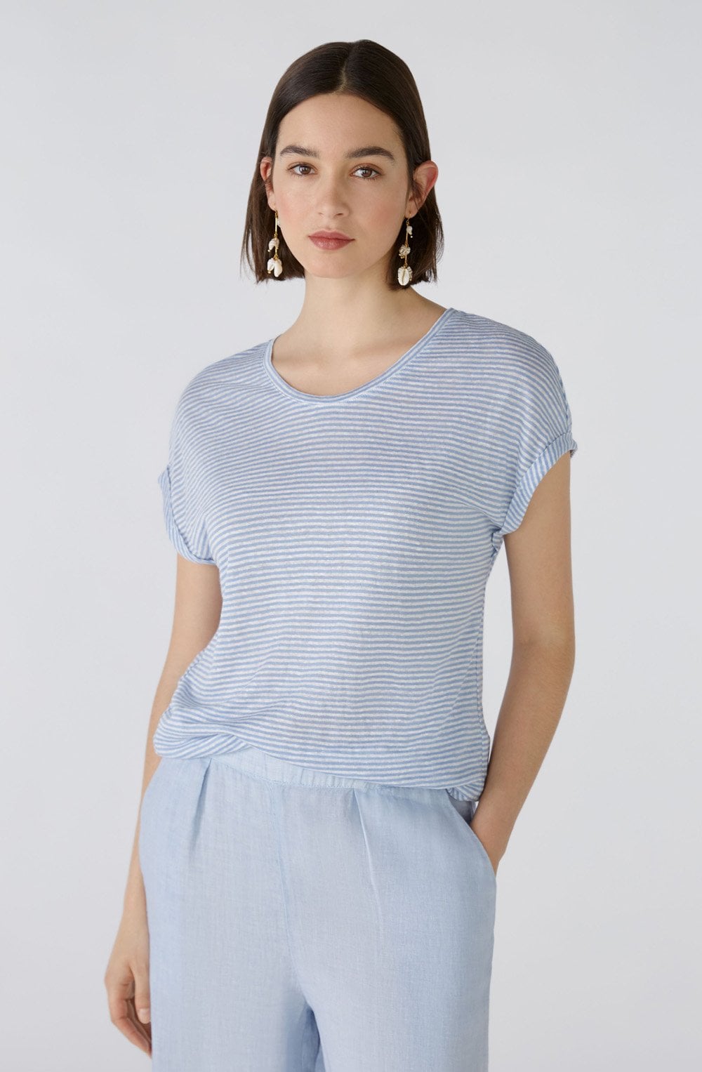 Off White and Blue Linen T Shirt