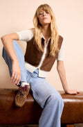 Off White and Brown Faux Suede and Crochet Cardigan