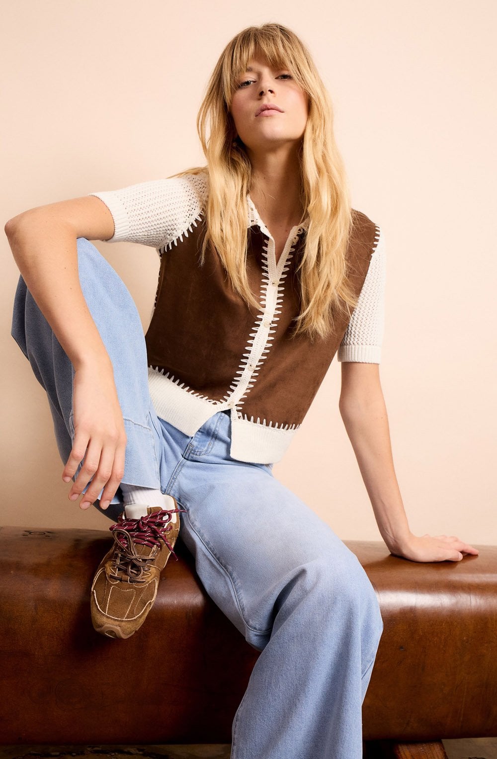 Off White and Brown Faux Suede and Crochet Cardigan