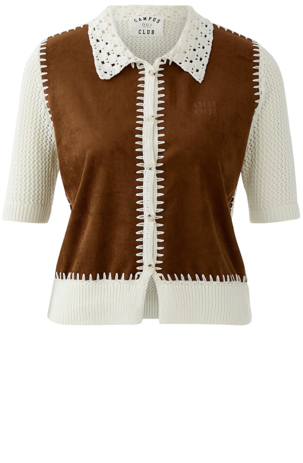 Off White and Brown Faux Suede and Crochet Cardigan