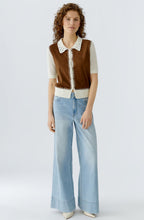Off White and Brown Faux Suede and Crochet Cardigan
