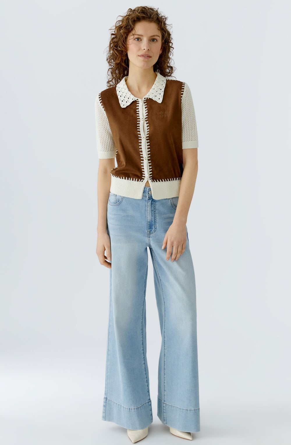 Off White and Brown Faux Suede and Crochet Cardigan