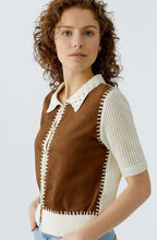 Off White and Brown Faux Suede and Crochet Cardigan