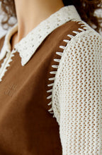 Off White and Brown Faux Suede and Crochet Cardigan