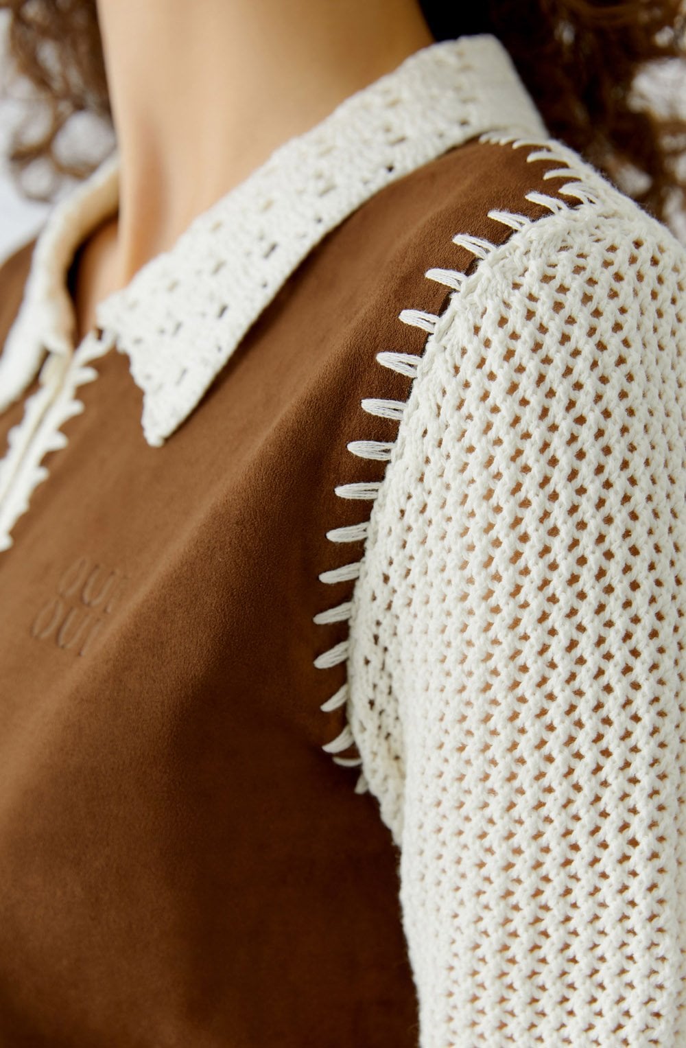 Off White and Brown Faux Suede and Crochet Cardigan