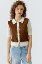 Off White and Brown Faux Suede and Crochet Cardigan