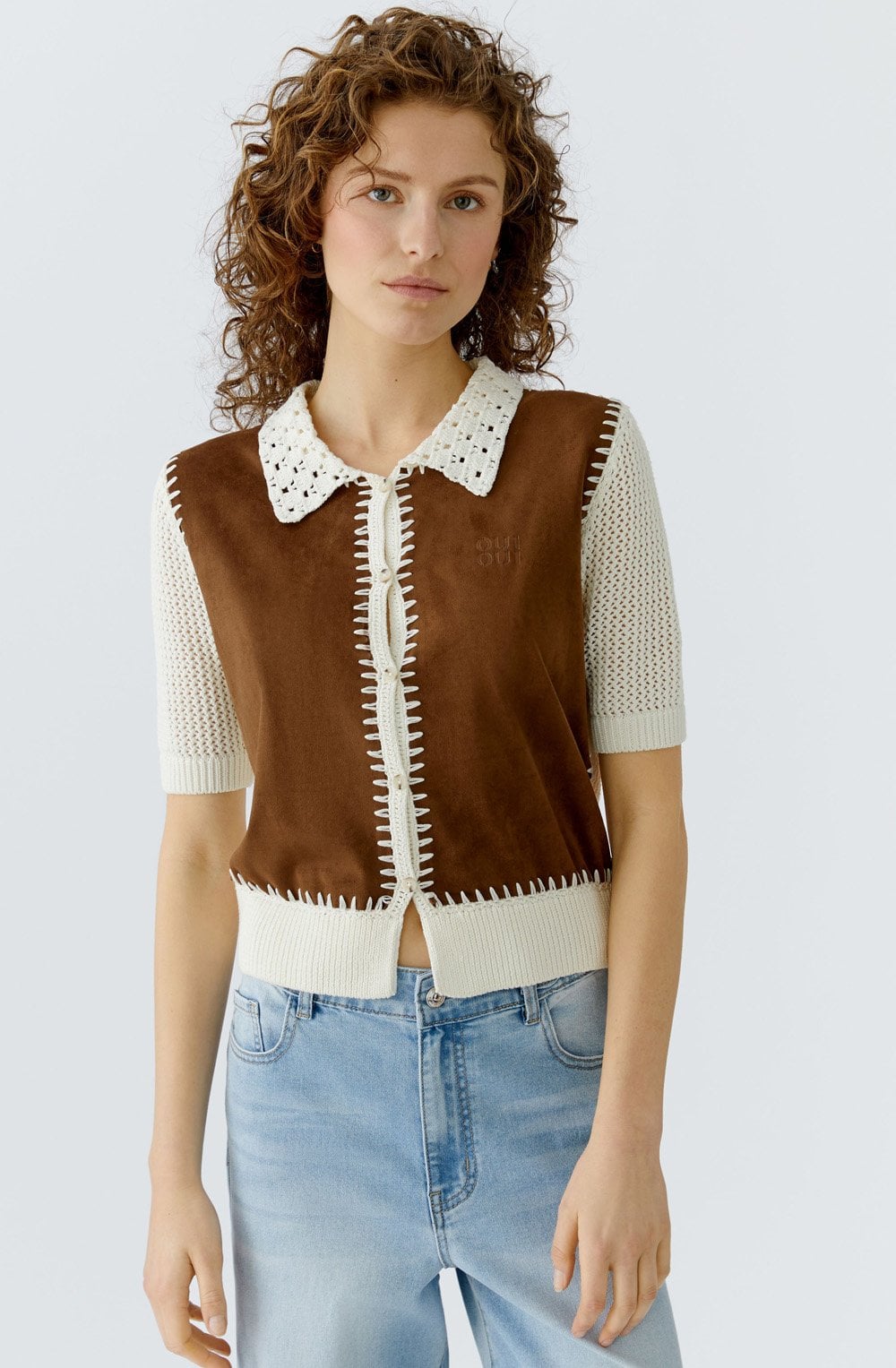 Off White and Brown Faux Suede and Crochet Cardigan