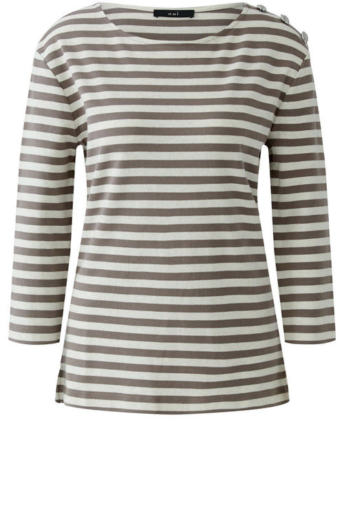 Off White and Brown Striped Top with Silver Button Details