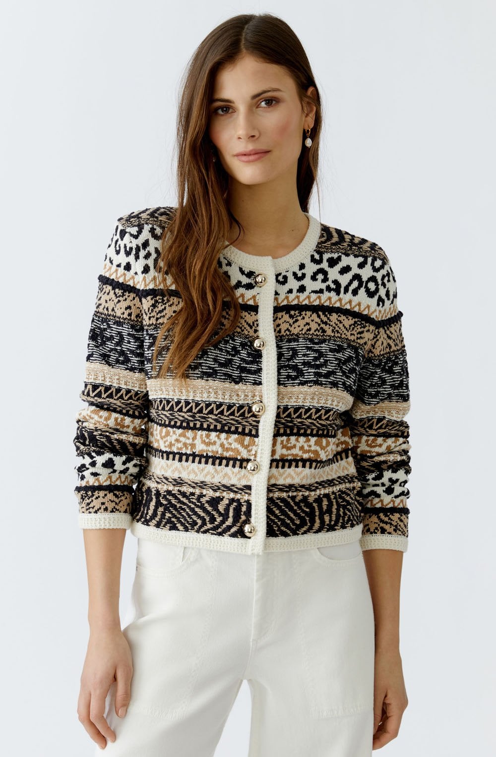 Off White and Camel Contrast Stripe Box Cardigan