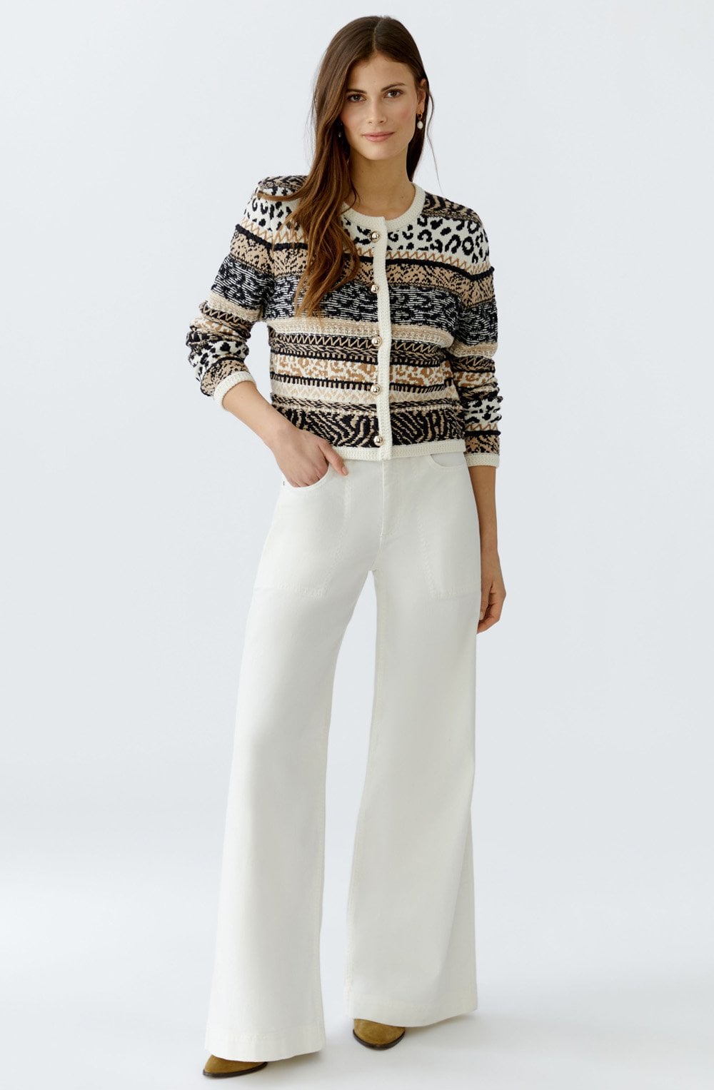 Off White and Camel Contrast Stripe Box Cardigan