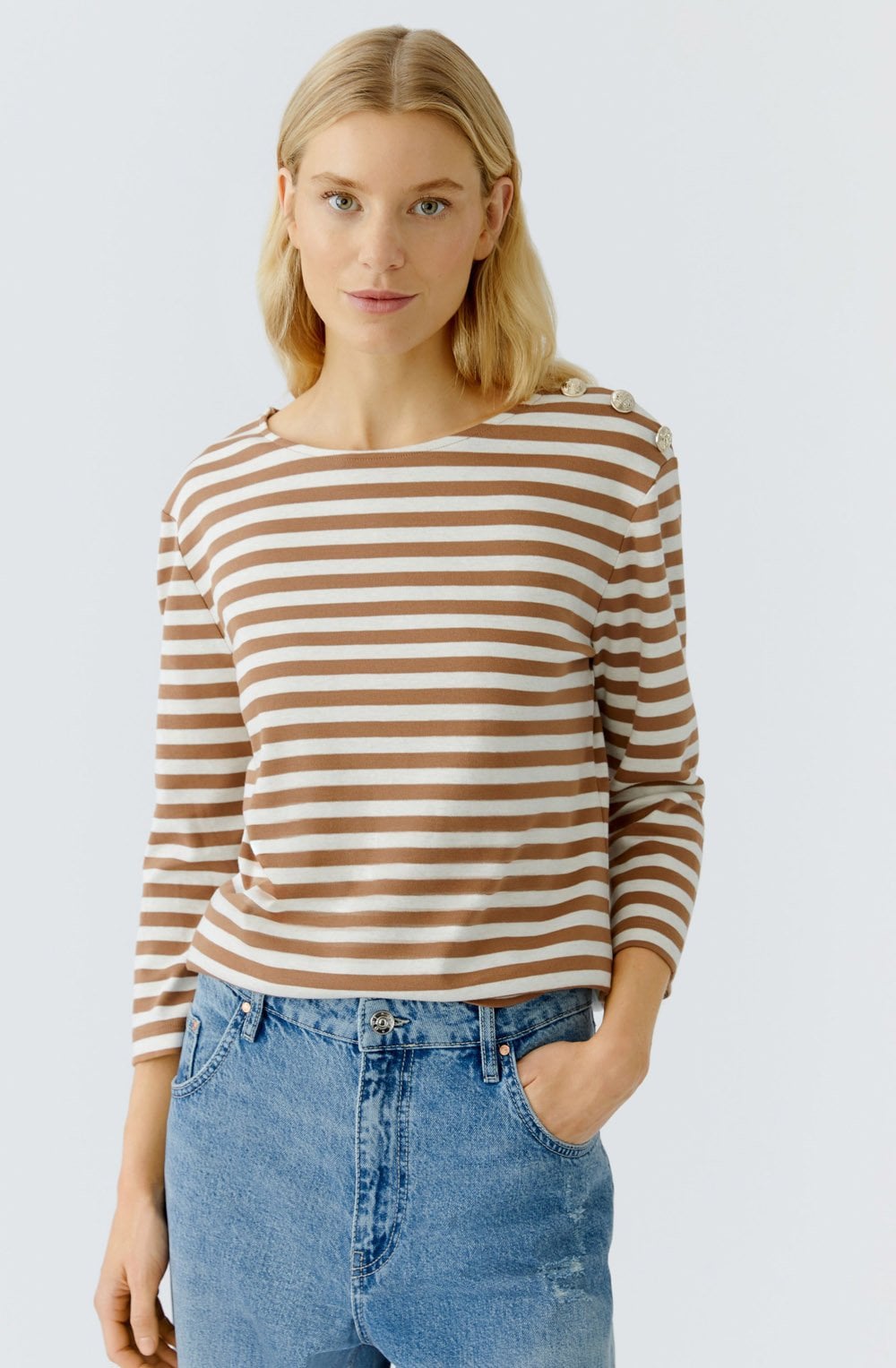Off White and Camel Striped Top with Gold Button Details