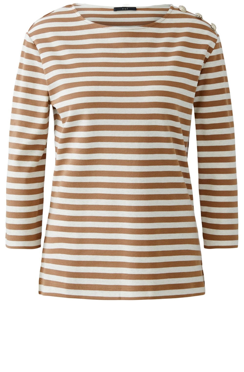 Off White and Camel Striped Top with Gold Button Details