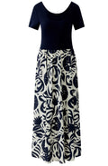 Off White and Dark Blue Floral Skirt Jersey Dress