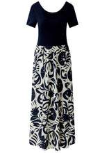 Off White and Dark Blue Floral Skirt Jersey Dress