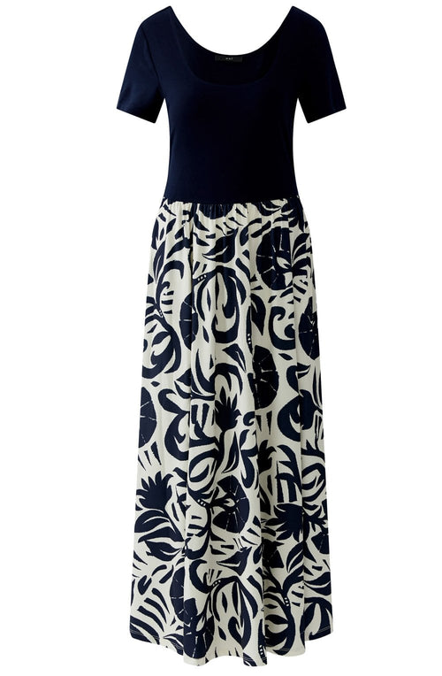Off White and Dark Blue Floral Skirt Jersey Dress