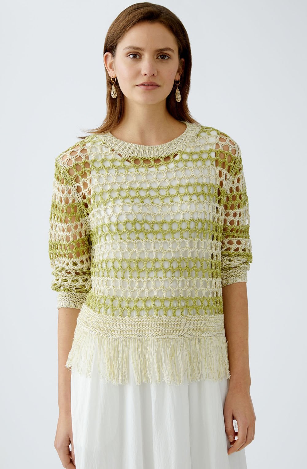 Off White and Green Mesh Knit Pullover