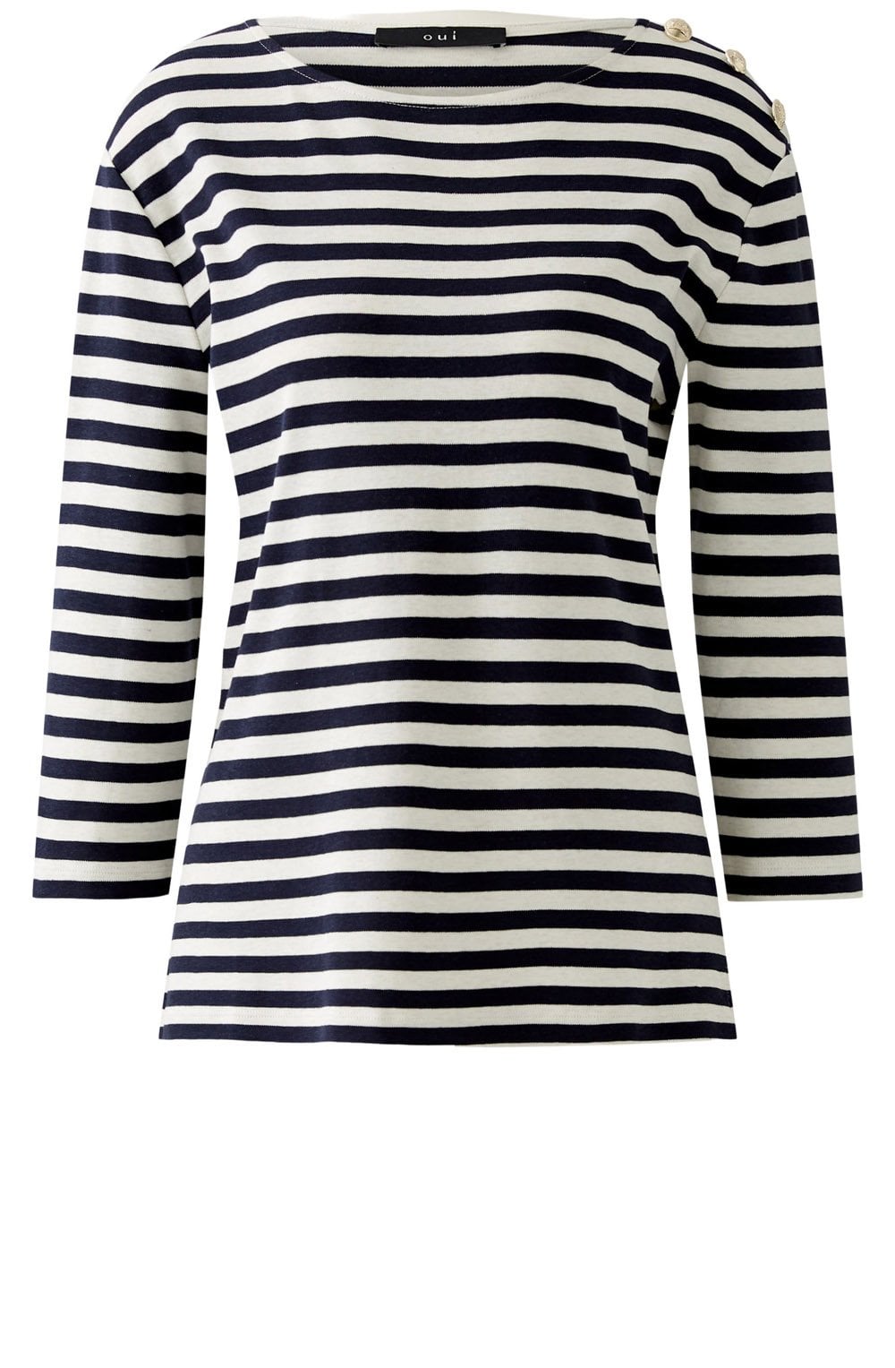 Off White and Navy Striped Top with Gold Button Details
