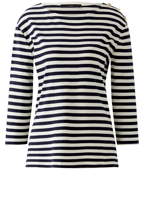 Off White and Navy Striped Top with Gold Button Details