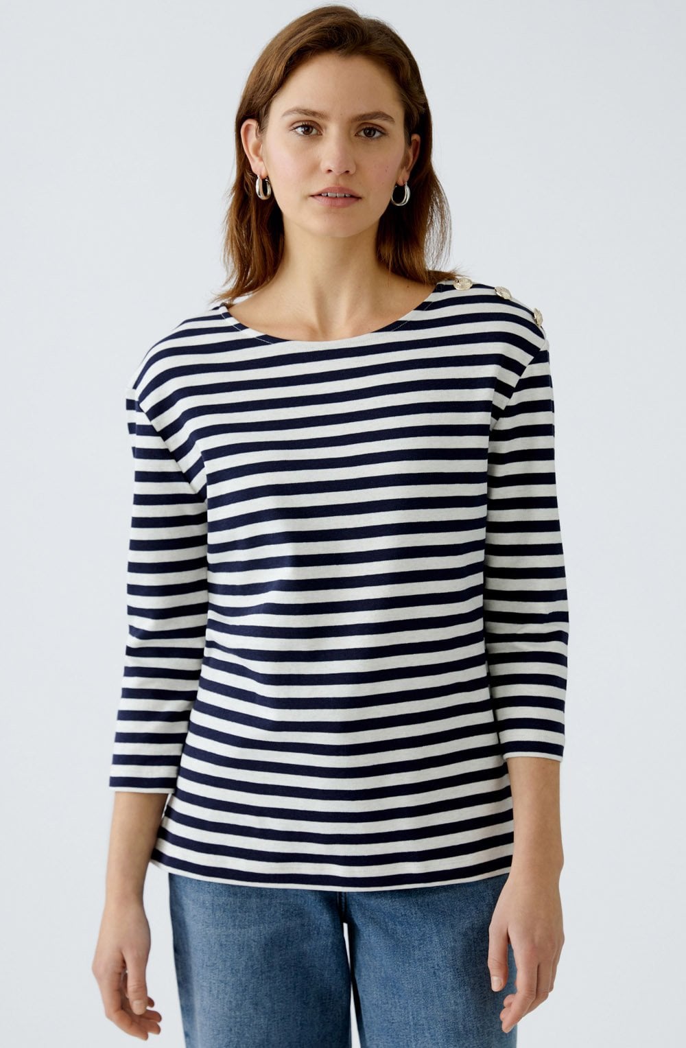 Off White and Navy Striped Top with Gold Button Details