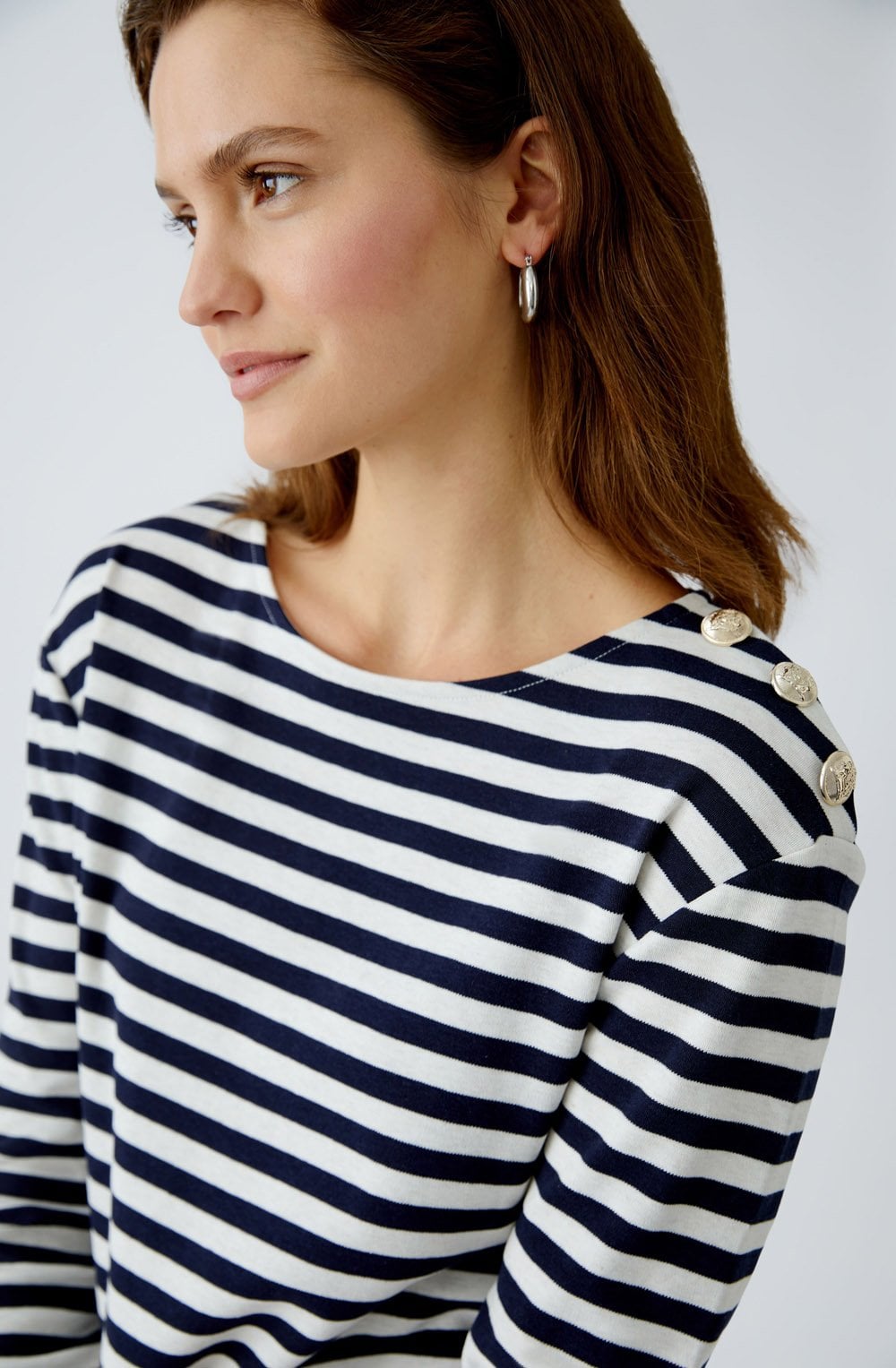 Off White and Navy Striped Top with Gold Button Details
