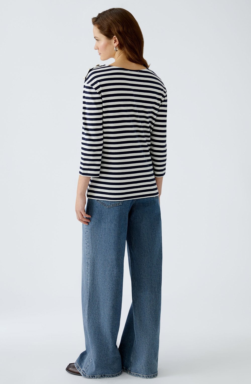 Off White and Navy Striped Top with Gold Button Details