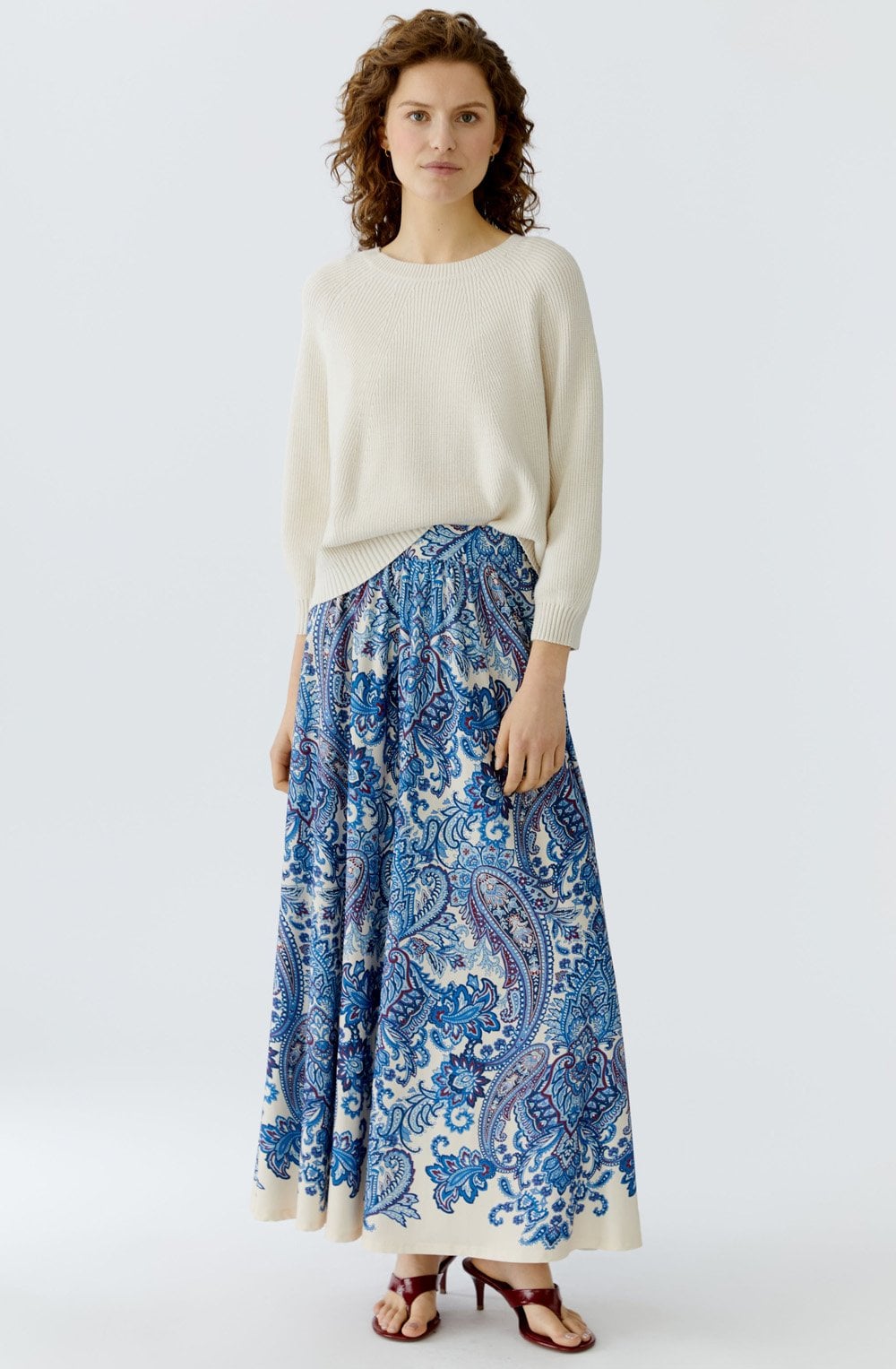 Off White Blue Paisley Print Maxi Skirt