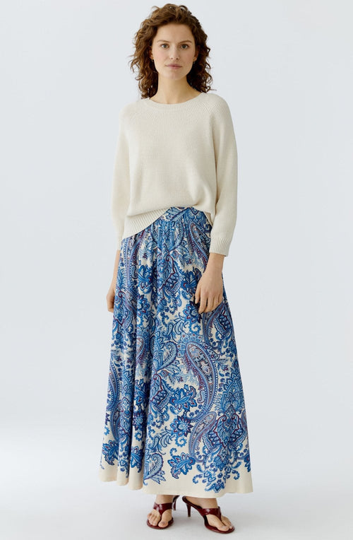 Off White Blue Paisley Print Maxi Skirt