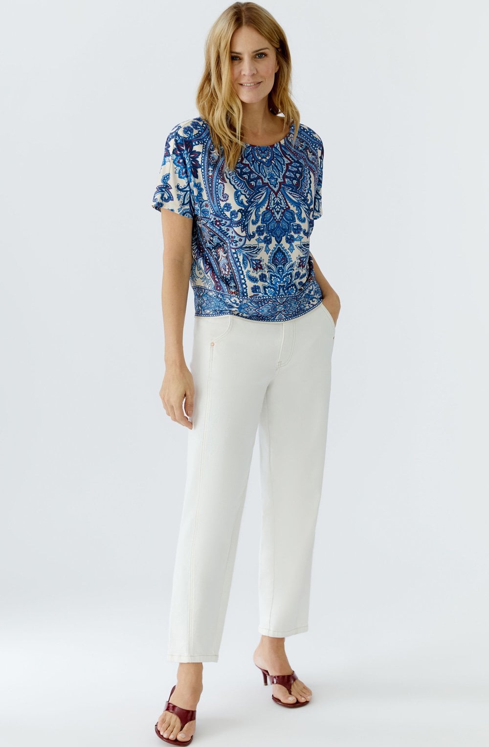 Off White Blue Paisley Print Top