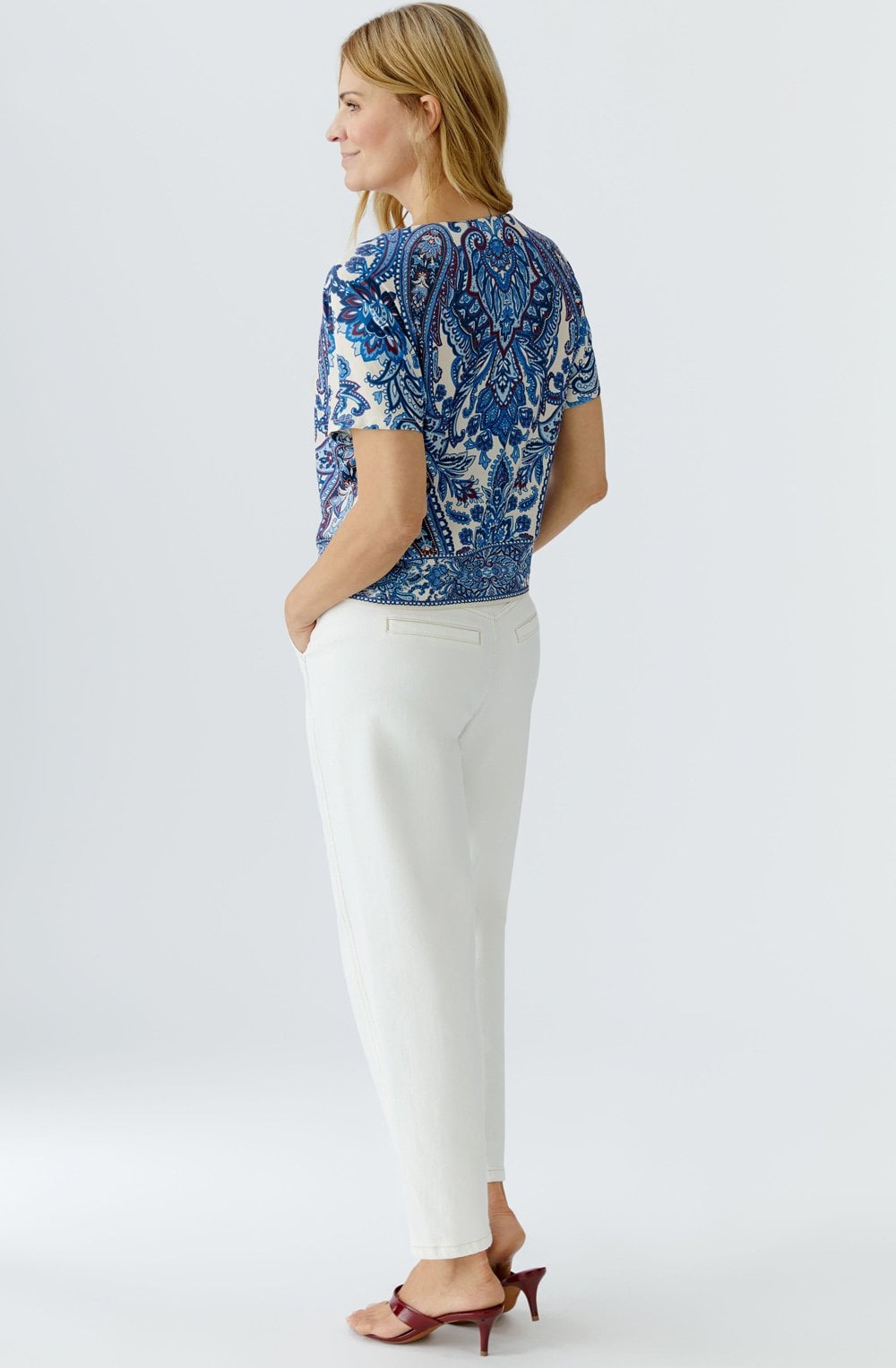 Off White Blue Paisley Print Top