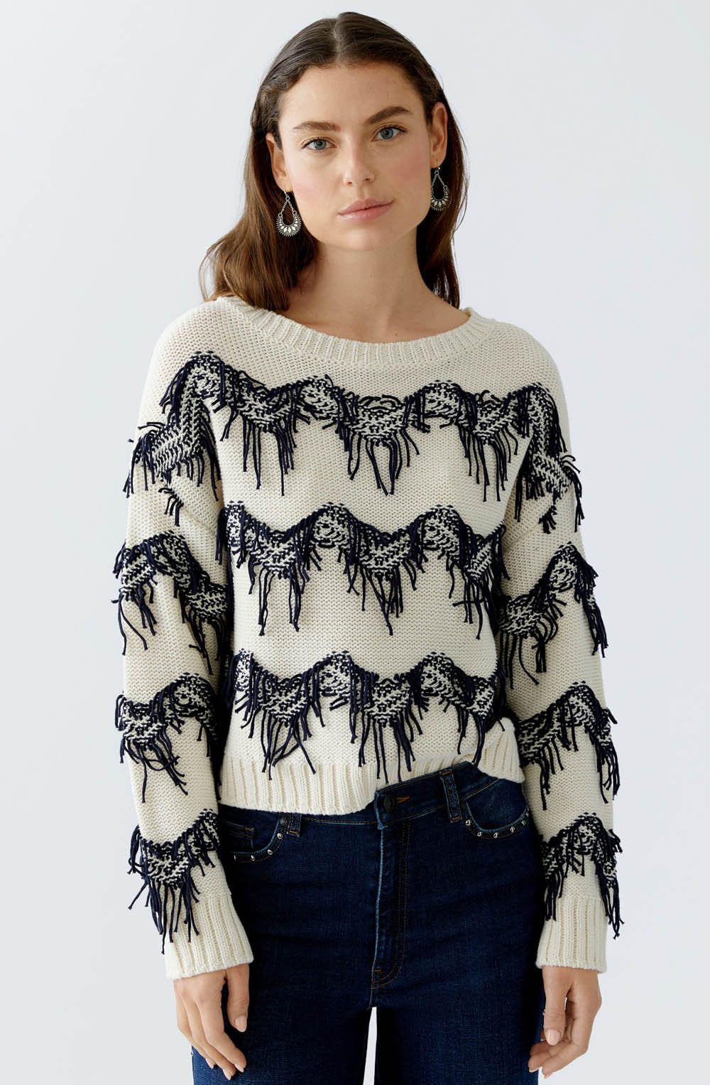 Off White Blue Zigzag Fringed Jumper