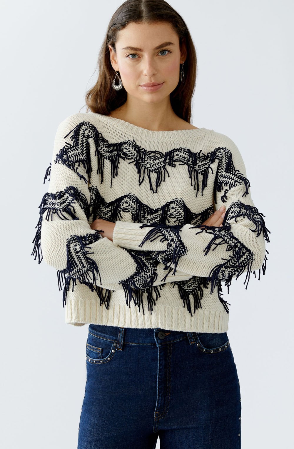 Off White Blue Zigzag Fringed Jumper