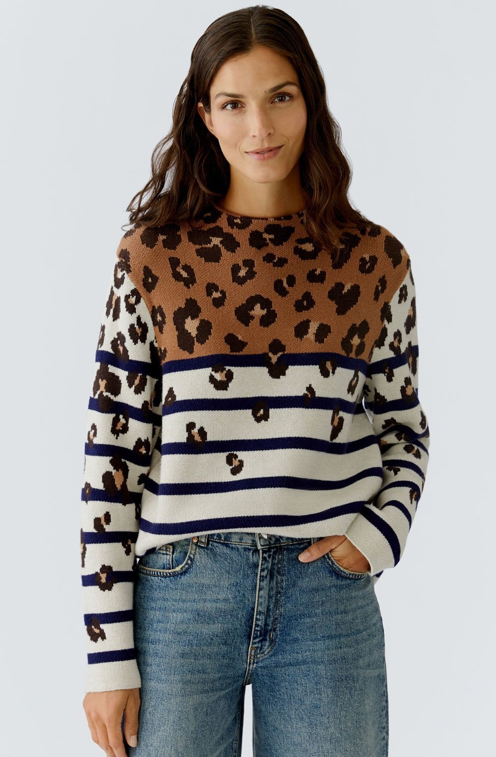 Off White Camel Animal Print and Striped Jumper