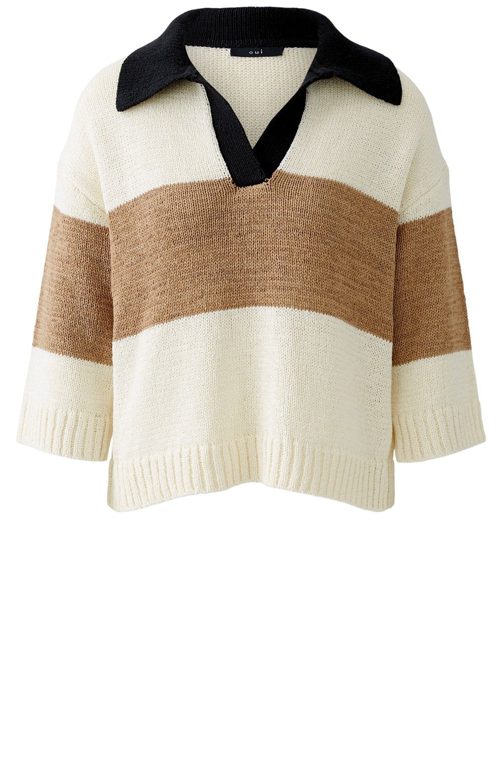 Off White Camel Ribbon Yarn Polo Pullover