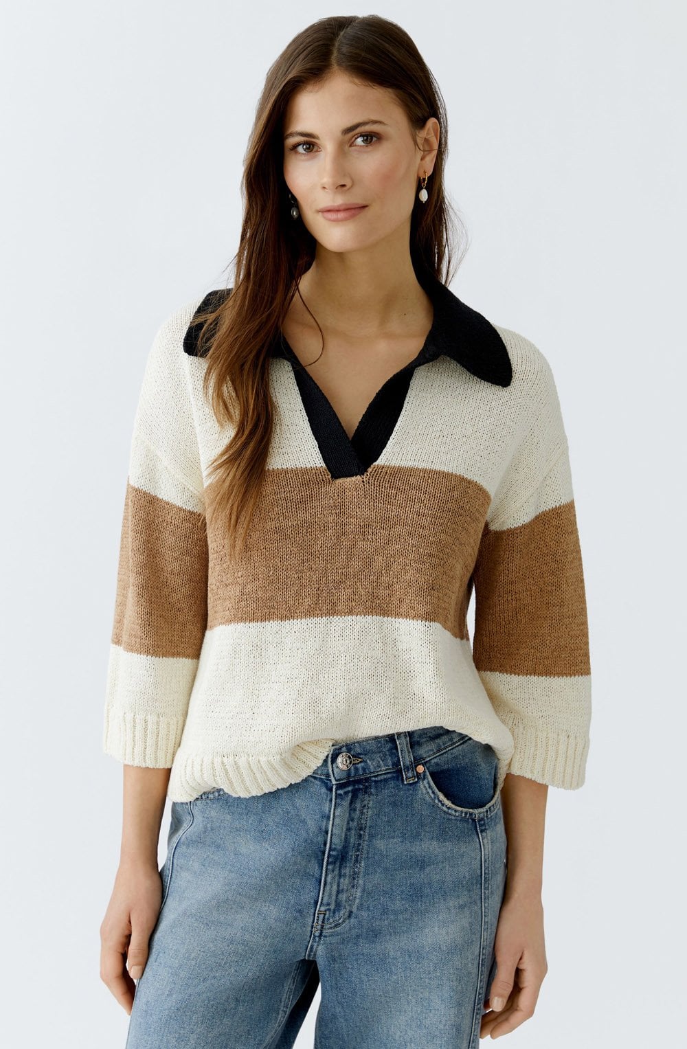 Off White Camel Ribbon Yarn Polo Pullover