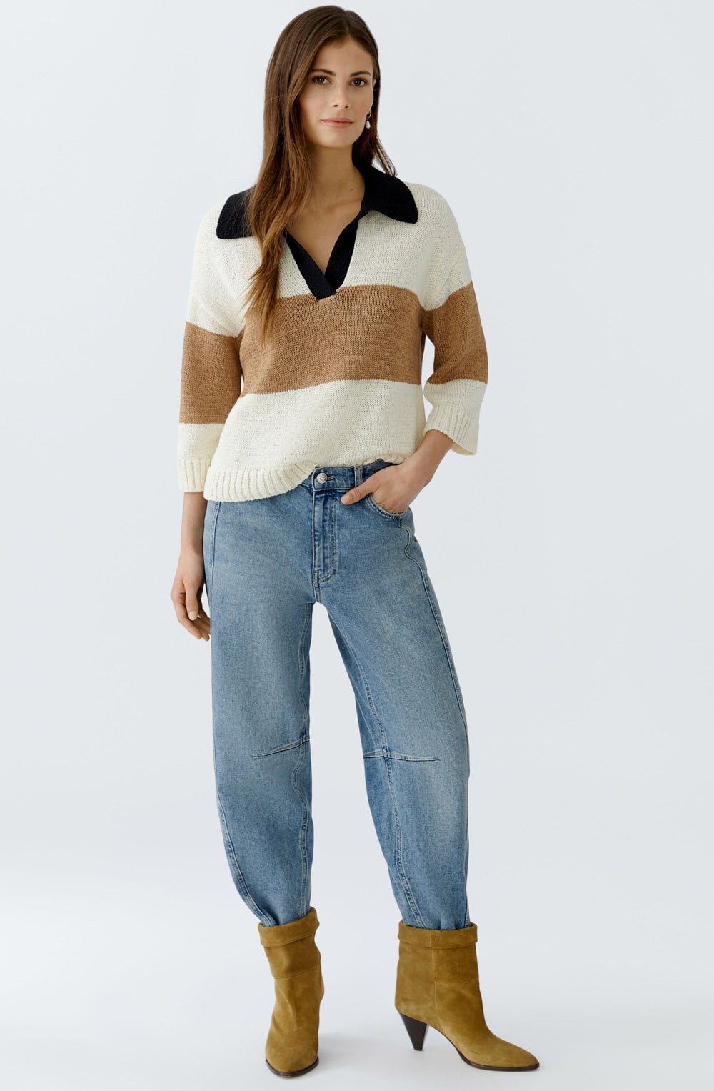 Off White Camel Ribbon Yarn Polo Pullover