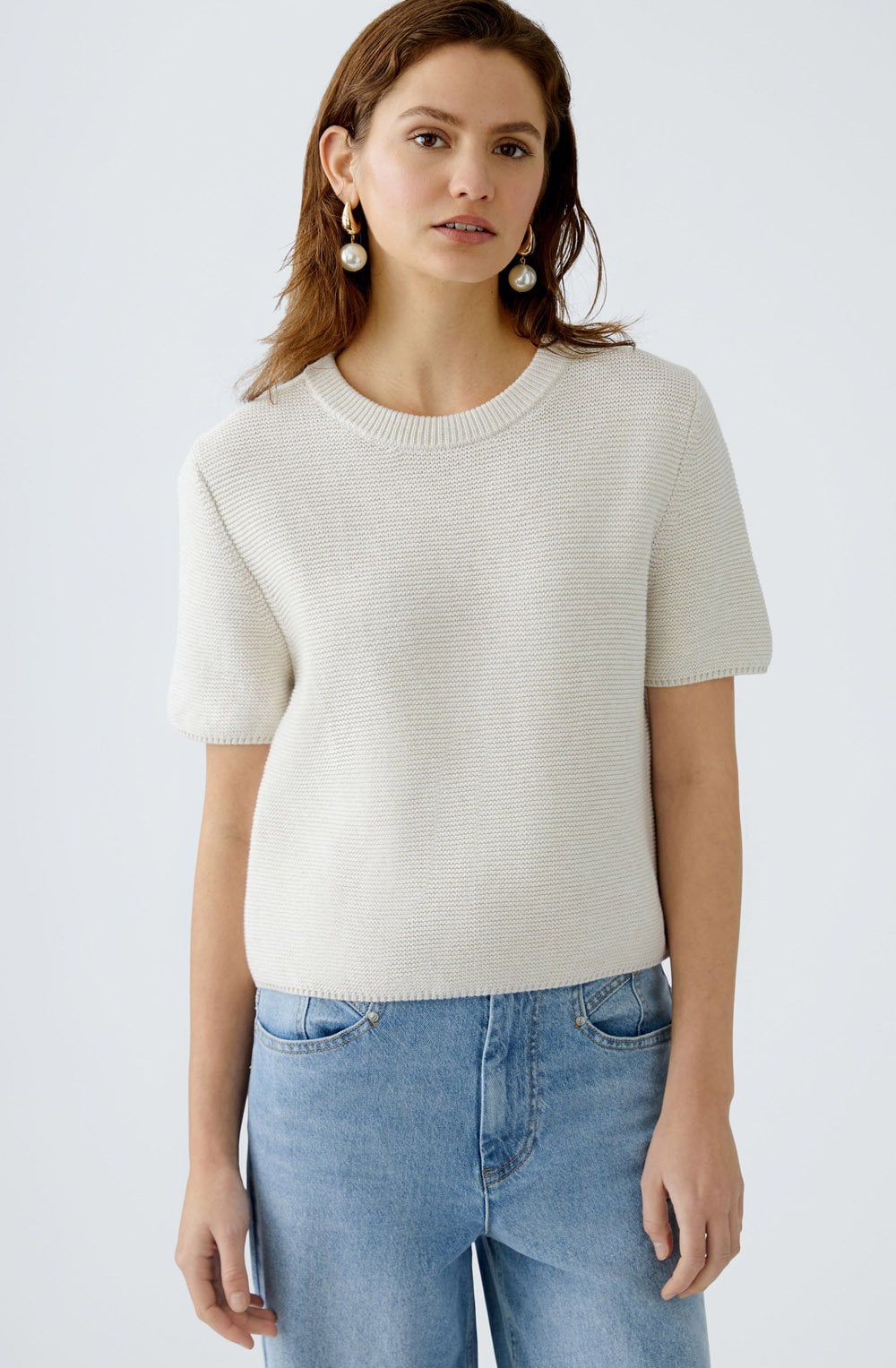 Off White Cotton Purl Knit Pullover