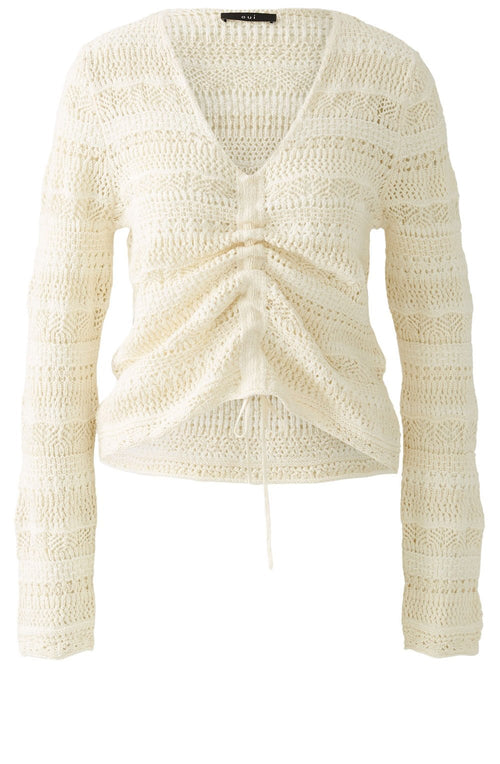 Off White Drawstring Front A Jour Top