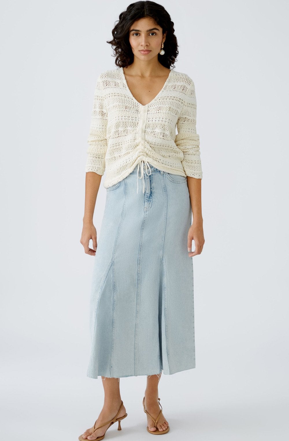 Off White Drawstring Front A Jour Top