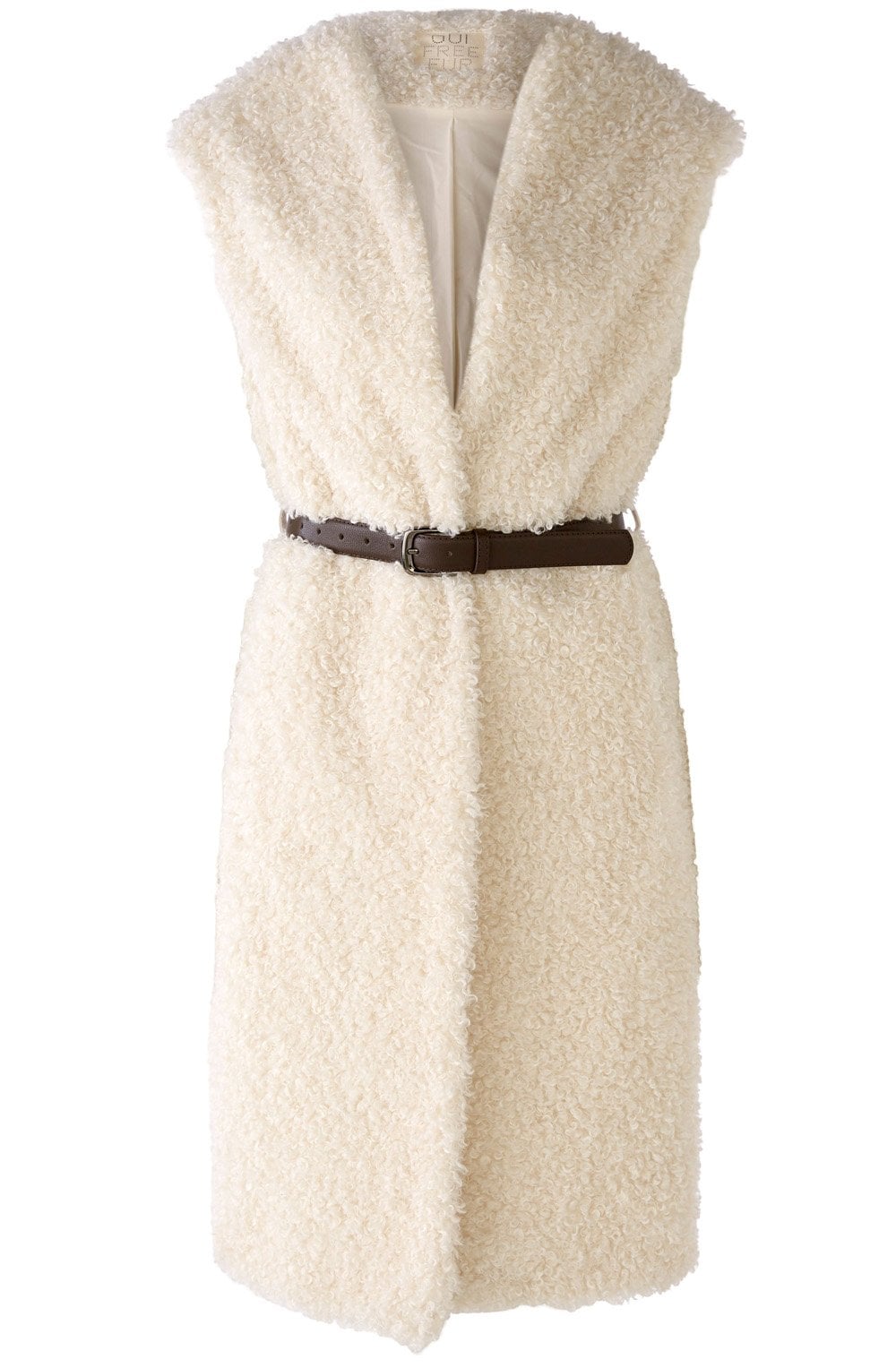 Off White Faux Fur Long Waistcoat with Belt