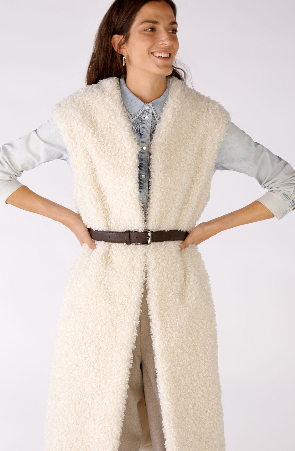 Off White Faux Fur Long Waistcoat with Belt