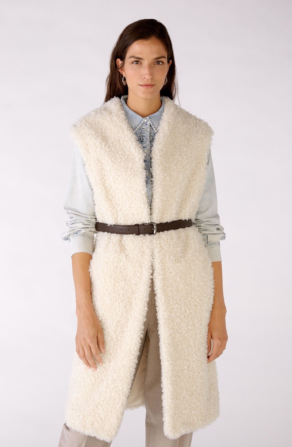Off White Faux Fur Long Waistcoat with Belt