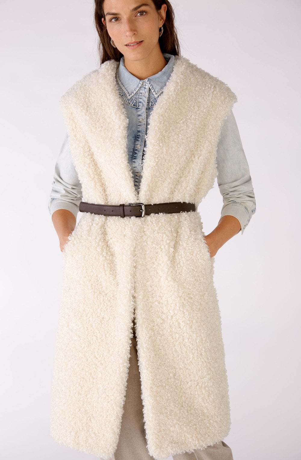 Off White Faux Fur Long Waistcoat with Belt
