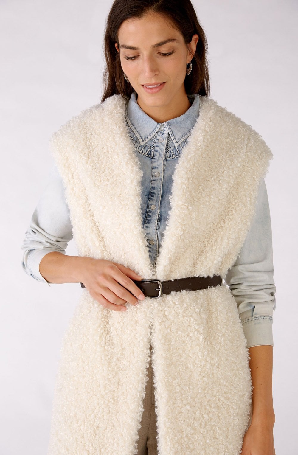 Off White Faux Fur Long Waistcoat with Belt