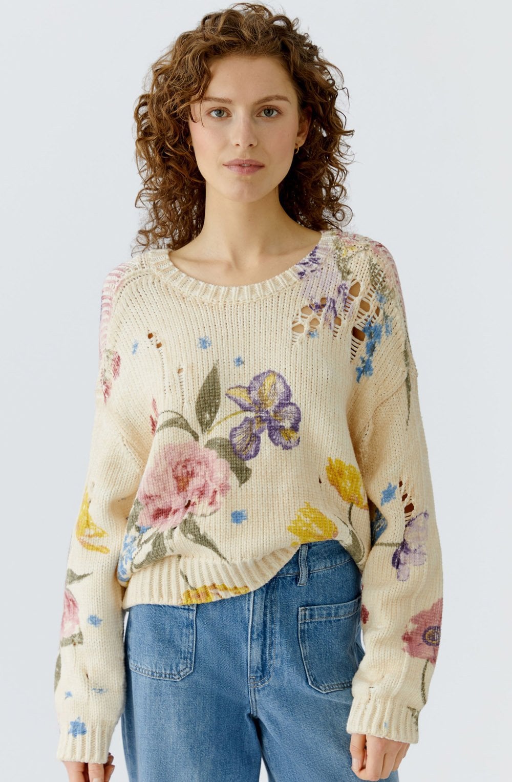 Off White Floral Distressed Vintage Effect Jumper