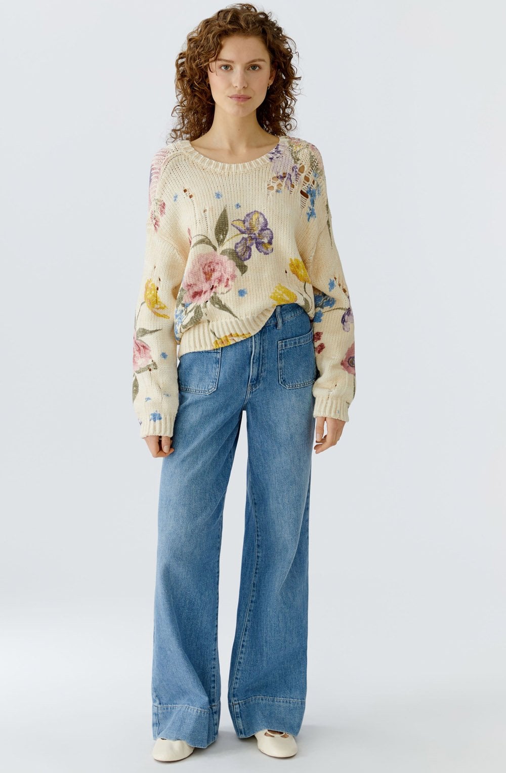Off White Floral Distressed Vintage Effect Jumper