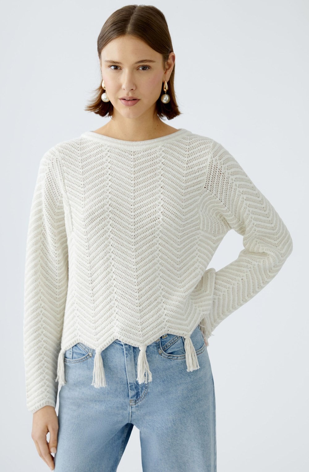 Off White Geometric Tasselled Jumper