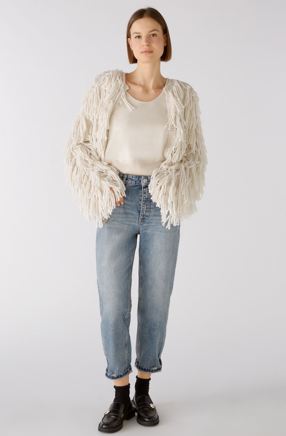 Off White Jersey and Satin Sleeveless Blouse